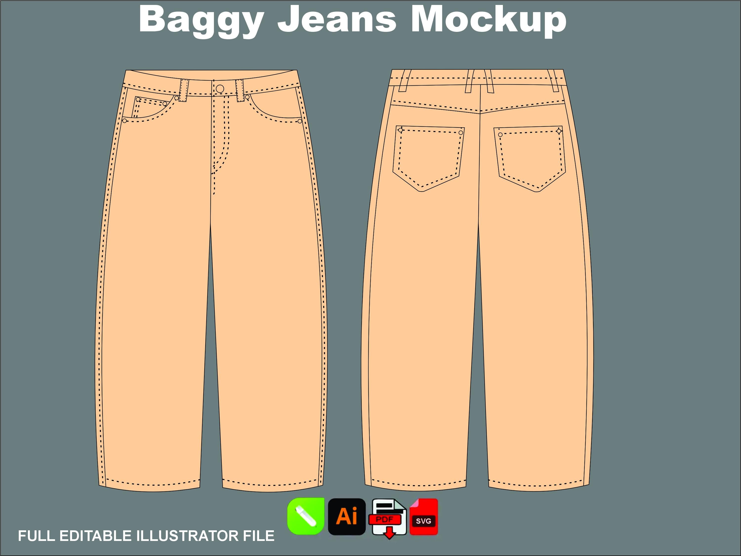 Baggy Jeans Mockup Vector Template: Streetwear Fashion Flats (AI, SVG ...