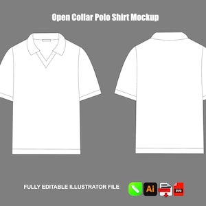 Puede incluir: Maqueta de camiseta polo con cuello abierto blanca, vistas delantera y trasera, sobre un fondo gris. La camisa tiene mangas cortas y cuello en V. El texto superior dice "Open Collar Polo Shirt Mockup". El texto inferior dice "FULLY EDITABLE ILLUSTRATOR FILE".
