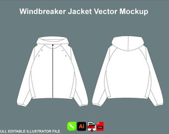 Modelo de ficha técnica para jaqueta corta-vento, design CAD editável em vetor.