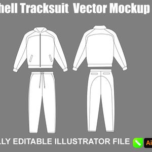 May include: A white shell tracksuit vector mockup on a grey background. The tracksuit features a jacket with a zip and pockets, and matching trousers with a drawstring. The text "Shell Tracksuit Vector Mockup" and "FULLY EDITABLE ILLUSTRATOR FILE" are displayed.