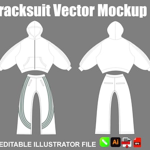 Puede incluir: Maqueta vectorial de chándal blanco sobre un fondo gris. El diseño incluye una chaqueta con capucha y cremallera con un bolsillo delantero y pantalones a juego. Los pantalones tienen un diseño único con rayas curvas. El texto en la parte superior dice "Tracksuit Vector Mockup".