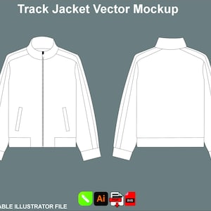 May include: White track jacket vector mockup, front and back views. The jacket features a full zip, pockets, and a stand-up collar. The text "Track Jacket Vector Mockup" is at the top. The bottom of the image says "FULL EDITABLE ILLUSTRATOR FILE".