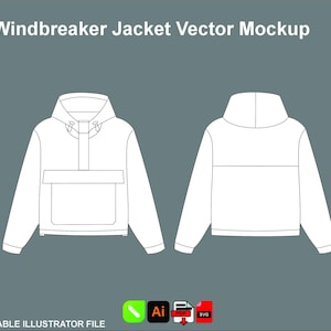 May include: White windbreaker jacket vector mockup. The image shows front and back views of a white windbreaker jacket design. The jacket has a hood, a front pocket, and a half-zip closure. The text "Windbreaker Jacket Vector Mockup" is at the top.