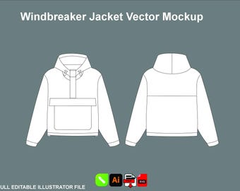 Modello mockup di giacca a vento, pacchetto tecnico streetwear, Illustrator vettoriale