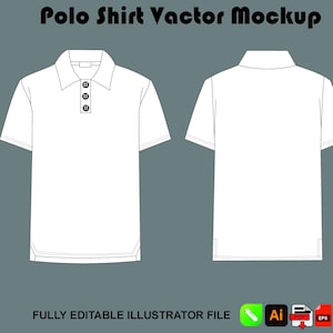 Könnte beinhalten: Vektor-Mockup eines weißen Poloshirts, von vorne und hinten dargestellt. Das Shirt hat einen Kragen, drei Knöpfe und kurze Ärmel. Der Text "Polo Shirt Vector Mockup" steht oben und "FULLY EDITABLE ILLUSTRATOR FILE" unten.