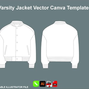 Op de afbeelding: Witte varsity jack vector sjabloon, voor- en achteraanzicht, op een grijze achtergrond. De jas heeft een knoopsluiting, zakken en geribde manchetten en zoom. De tekst bovenaan luidt "Varsity Jacket Vector Canva Template".