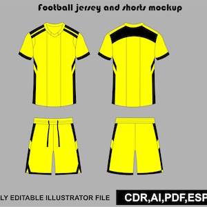Op de afbeelding: Een geel en zwart voetbalshirt en short mockup met voor- en achteraanzichten. De tekst "football jersey and shorts mockup" staat bovenaan en "FULLY EDITABLE ILLUSTRATOR FILE CDR,AI,PDF,ESP,JPG" staat onderaan afgedrukt.