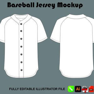 Może przedstawiać: Biały makieta koszulki baseballowej, z widokiem z przodu i z tyłu. Widok z przodu pokazuje projekt zapinany na guziki z krótkimi rękawami. Tekst "Baseball Jersey Mockup" znajduje się u góry. Na dole obrazu widnieje napis "FULLY EDITABLE ILLUSTRATOR FILE".