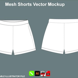 Puede incluir: Maqueta vectorial de pantalones cortos de malla blancos, vistas delantera y trasera, con bolsillos y cintura elástica. La imagen incluye el texto "Mesh Shorts Vector Mockup" y "FULL EDITABLE ILLUSTRATOR FILE".