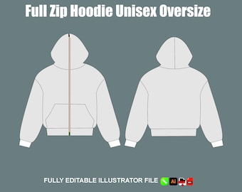 Streetwear-mockupsjabloon met capuchon en volledige ritssluiting Oversized boxy-pasvorm bewerkbaar technisch pakket