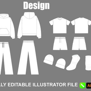 May include: White clothing design set on a grey background. Includes a hoodie, t-shirt, shorts, trousers, beanie, socks, and a sweatshirt. The word "Design" is at the top, and "FULLY EDITABLE ILLUSTRATOR FILE" is at the bottom.