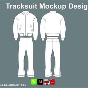 May include: White tracksuit mockup design on a grey background. The design includes a jacket with a zip and pockets, and matching trousers. The text "Tracksuit Mockup Design" is at the top. The bottom of the image has the text "FULL EDITABLE ILLUSTRATOR FILE".