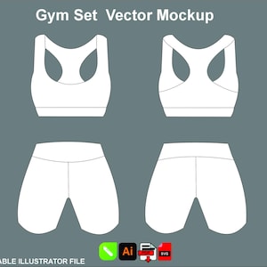 以下が含まれることがあります： グレーの背景に白いジムセットのベクターモックアップ。セットにはスポーツブラとショーツが含まれています。「Gym Set Vector Mockup」というテキストが上部にあります。「FULL EDITABLE ILLUSTRATOR FILE」というテキストが下部にあります。