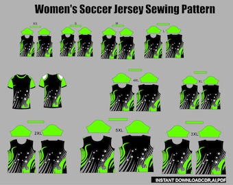 Naaipatroon voor een damesvoetbalshirt (PDF), verkrijgbaar in de maten YXS–4XL. Direct te downloaden.