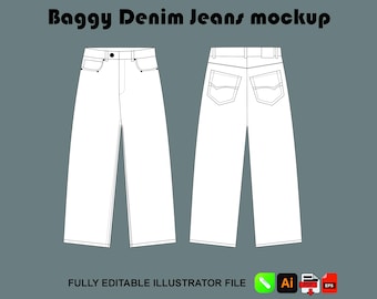 Baggy oversized denim jeans Tech Pack Streetwear Flat Sketch Mockup Vector Template:
