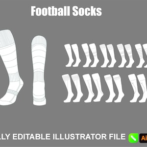 Puede incluir: Calcetines de fútbol blancos en varios diseños sobre un fondo gris. El texto "Football Socks" está en la parte superior. La frase "FULLY EDITABLE ILLUSTRATOR FILE" está en la parte inferior.