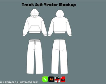 Pacote Técnico Vetorial de Mockup de Agasalho Esportivo, Modelo de Esboço Plano de Calça e Blusa de Moletom com Capuz, Download em PDF para Illustrator