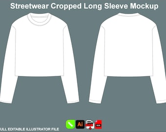 Bijgesneden shirt met lange mouwen Vector mockup sjabloon platte schets Tech Pack tekening bewerkbaar ontwerp