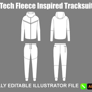 Op de afbeelding: Een wit Tech Fleece Inspired Tracksuit-ontwerp, bestaande uit een jas en een broek. De jas heeft een rits en een capuchon. De broek heeft een trekkoord en zakken. De tekst "Tech Fleece Inspired Tracksuit" en "FULLY EDITABLE ILLUSTRATOR FILE" worden weergegeven.