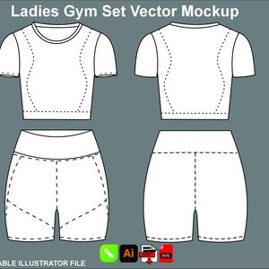May include: White vector mockup of a ladies' gym set, including a short-sleeved crop top and high-waisted shorts. The design features dashed lines indicating stitching and shaping. The text "Ladies Gym Set Vector Mockup" is at the top.