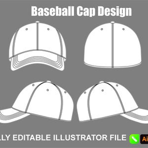 May include: A graphic illustration of a baseball cap design, presented in four different views. The caps are white with black outlines, set against a gray background. Text at the top reads "Baseball Cap Design."