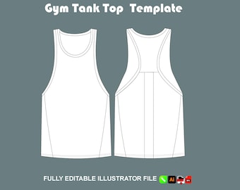 Sjabloonsjabloon tanktop heren gym bewerkbare platte schets Athleisure CAD-vector voor sportkleding