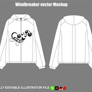 Könnte beinhalten: Weißes Windjacken-Mockup, Vorder- und Rückansicht. Die Vorderseite hat ein schwarzes Schmetterlingsdesign. Oben im Bild steht "Windbreaker vector Mockup". Unten im Bild steht "FULLY EDITABLE ILLUSTRATOR FILE".