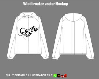 Modello vettoriale di mockup per giacca a vento, pacchetto tecnico streetwear, file di progettazione CAD.