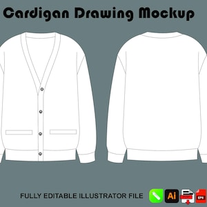 Könnte beinhalten: Weißer Cardigan-Zeichnungs-Mockup, Vorder- und Rückansicht, mit V-Ausschnitt, Knöpfen und Taschen. Der Text "Cardigan Drawing Mockup" steht oben. Der Text unten lautet "FULLY EDITABLE ILLUSTRATOR FILE" mit Dateityp-Symbolen.