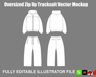 Tuta oversize con cerniera vettoriale mockup Streetwear Tech Pack giacca e pantaloni modello Adobe Illustrator