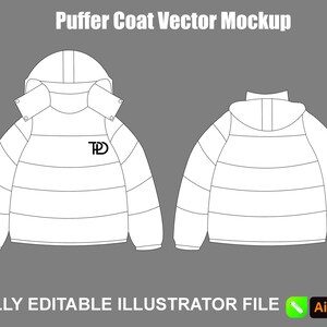 May include: White puffer coat vector mockup with a hood, front and back views. The coat has horizontal stitching and a logo on the front. The text "Puffer Coat Vector Mockup" is at the top. The bottom text reads "FULLY EDITABLE ILLUSTRATOR FILE".
