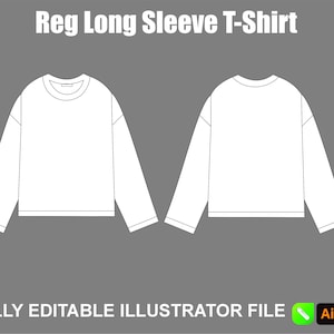 Op de afbeelding: Wit lange mouwen T-shirt ontwerp, voor- en achteraanzicht, op een grijze achtergrond. De tekst "Reg Long Sleeve T-Shirt" staat bovenaan. De onderkant van de afbeelding luidt "FULLY EDITABLE ILLUSTRATOR FILE".