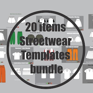 May include: A digital collection of 20 streetwear clothing templates featuring various apparel designs including t-shirts, hoodies, tracksuits, shorts, and skirts. Each item is displayed as a flat vector illustration with front and back views.