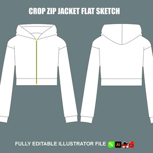 Könnte beinhalten: Eine flache Skizze einer weißen Crop-Zip-Jacke mit Kapuze. Die Jacke hat lange Ärmel und einen gelben Reißverschluss. Der Text "CROP ZIP JACKET FLAT SKETCH" steht oben. Der untere Teil des Bildes lautet "FULLY EDITABLE ILLUSTRATOR FILE".
