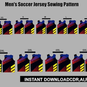 May include: A digital sewing pattern for a sleeveless jersey featuring a black, blue, and red gradient design with yellow diagonal stripes. The image displays sizes XS through 5XL with the text Men's Soccer Jersey Sewing Pattern and INSTANT DOWNLOAD CDR, AI, PDF.