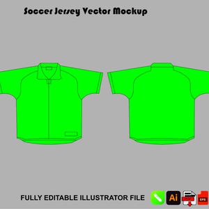 Op de afbeelding: Een fel neongroen voetbalshirt vector mockup met voor- en achteraanzichten van het shirt. De tekst Soccer Jersey Vector Mockup staat bovenaan en de tekst FULLY EDITABLE ILLUSTRATOR FILE staat onderaan met bijbehorende bestandspictogrammen.