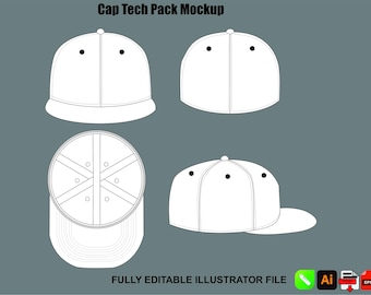 Mockup van een pet met aansluitende pasvorm, vectorsjabloon, streetwear pet, tech pack, AI, SVG, PNG, Procreate