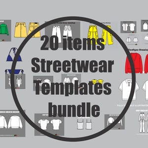 May include: A digital collection of 20 streetwear clothing templates featuring various apparel designs including jackets, skirts, trousers, sweaters, and tops. The text 20 items Streetwear Templates bundle is overlaid in the centre of the graphic display.