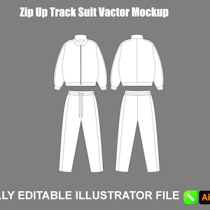 Puede incluir: Maqueta vectorial de chándal blanco con cremallera. El diseño incluye una chaqueta con cuello y cremallera frontal, y pantalones a juego con cordón. El texto "Zip Up Track Suit Vector Mockup" está en la parte superior.