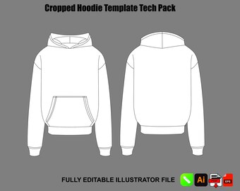 Plantilla vectorial de sudadera corta con capucha, maqueta de ropa urbana, paquete técnico de moda, Illustrator, Procreate, diseño digital