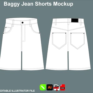 Maqueta de pantalones cortos vaqueros holgados / Plantilla vectorial de paquete técnico de pantalones cortos vaqueros extragrandes / Descarga instantánea