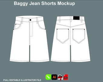 Modello vettoriale di pantaloncini di jeans larghi / Pantaloncini di jeans oversize / Download immediato