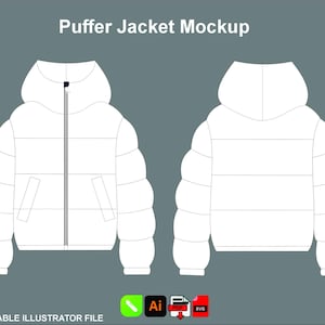 May include: White puffer jacket mockup with a hood, front and back views. Features a full-length zipper, pockets, and horizontal quilted design. The text "Puffer Jacket Mockup" is at the top. The bottom of the image says "FULL EDITABLE ILLUSTRATOR FILE".