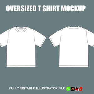 Peut inclure: Maquette de t-shirt blanc surdimensionné, vue avant et arrière, sur fond gris. Le texte "OVERSIZED T SHIRT MOCKUP" est en haut. Le bas de l'image contient le texte "FULLY EDITABLE ILLUSTRATOR FILE" avec des icônes.