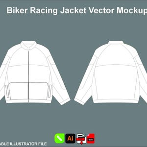 Könnte beinhalten: Ein weißes Vektor-Mockup einer Biker-Rennjacke, dargestellt von vorne und hinten, mit zentralem Reißverschluss, langen Ärmeln und Kragen. Der Text Biker Racing Jacket Vector Mockup und FULL EDITABLE ILLUSTRATOR FILE sind sichtbar.