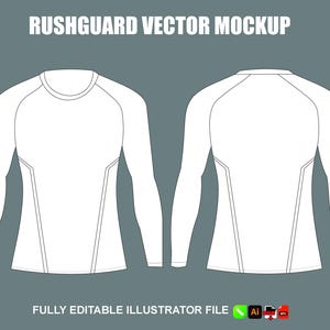 Puede incluir: Maqueta de rashguard blanco de manga larga, vistas delantera y trasera, con cuello redondo y mangas raglán. El diseño incluye un detalle de panel contorneado. El texto en la parte superior dice "RUSHGUARD VECTOR MOCKUP". El texto inferior dice "FULLY EDITABLE ILLUSTRATOR FILE".
