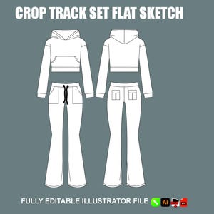 May include: Flat sketch of a white crop track set with a hoodie and flared pants. The hoodie has a front pocket and a drawstring. The pants have pockets and a drawstring. Text at the top says "CROP TRACK SET FLAT SKETCH".