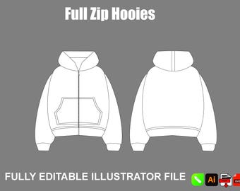 Oversized Zip-Up Hoodie Pack Templates  Vector Mockup Digital Streetwear Fashion Tech Pack  Flat Design