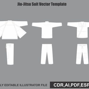 Op de afbeelding: Een wit Jiu-Jitsu pak vector sjabloon met platte illustraties van jasjes en broeken in verschillende aanzichten. De tekst Jiu-Jitsu Suit Vector Template en Fully Editable Illustrator File CDR, AI, PDF, ESP, JPG is zichtbaar.