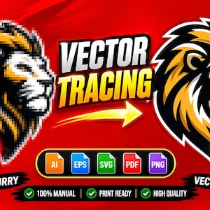 May include: A graphic comparison showing a pixelated, blurry lion head and a lightning bolt icon on the left, contrasted with a sharp, clean vector version of the same images on the right. The text VECTOR TRACING appears in the center with a yellow arrow.